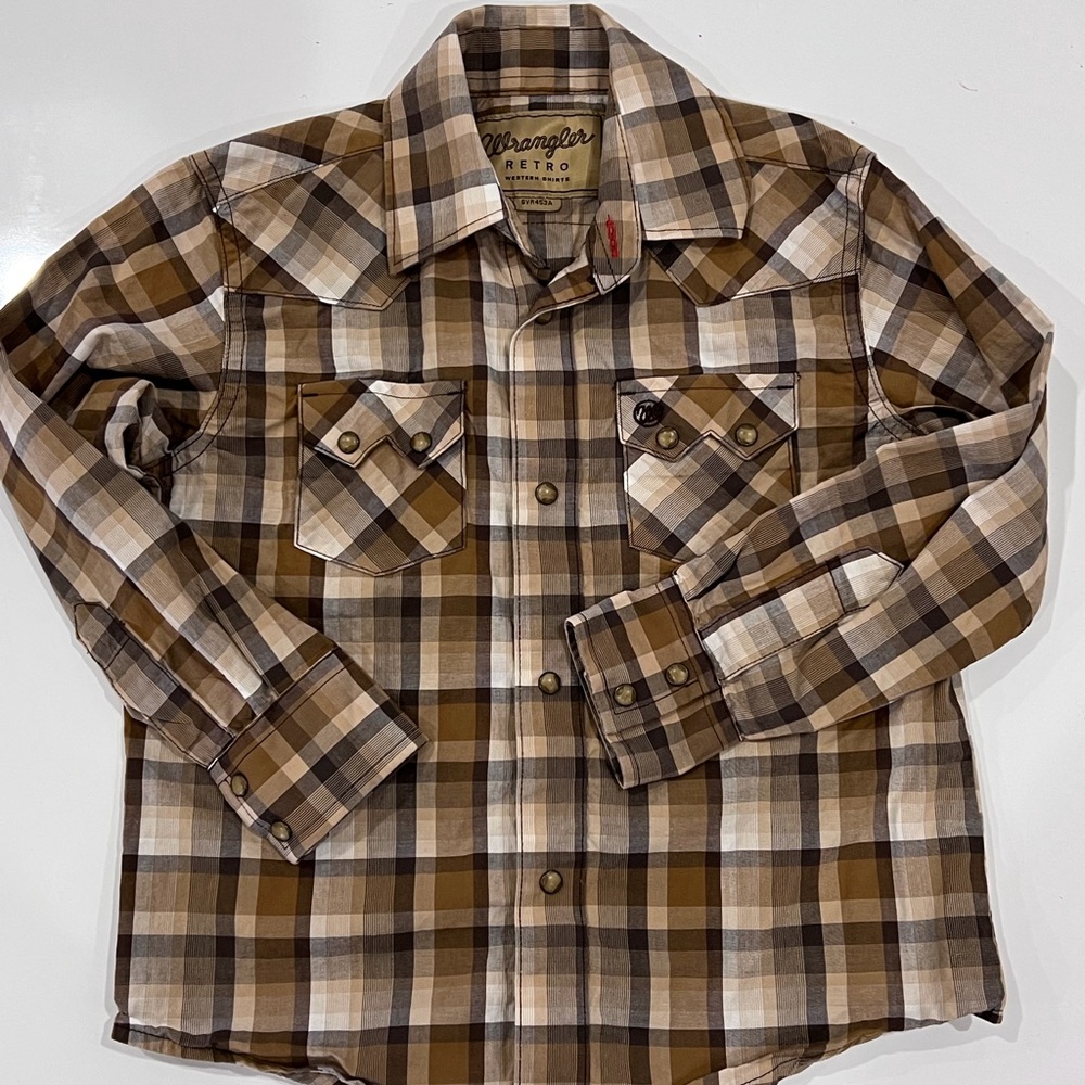 Kids Wranger S (5/6) plaid brown button down cowboy shirt fall boys 5 6